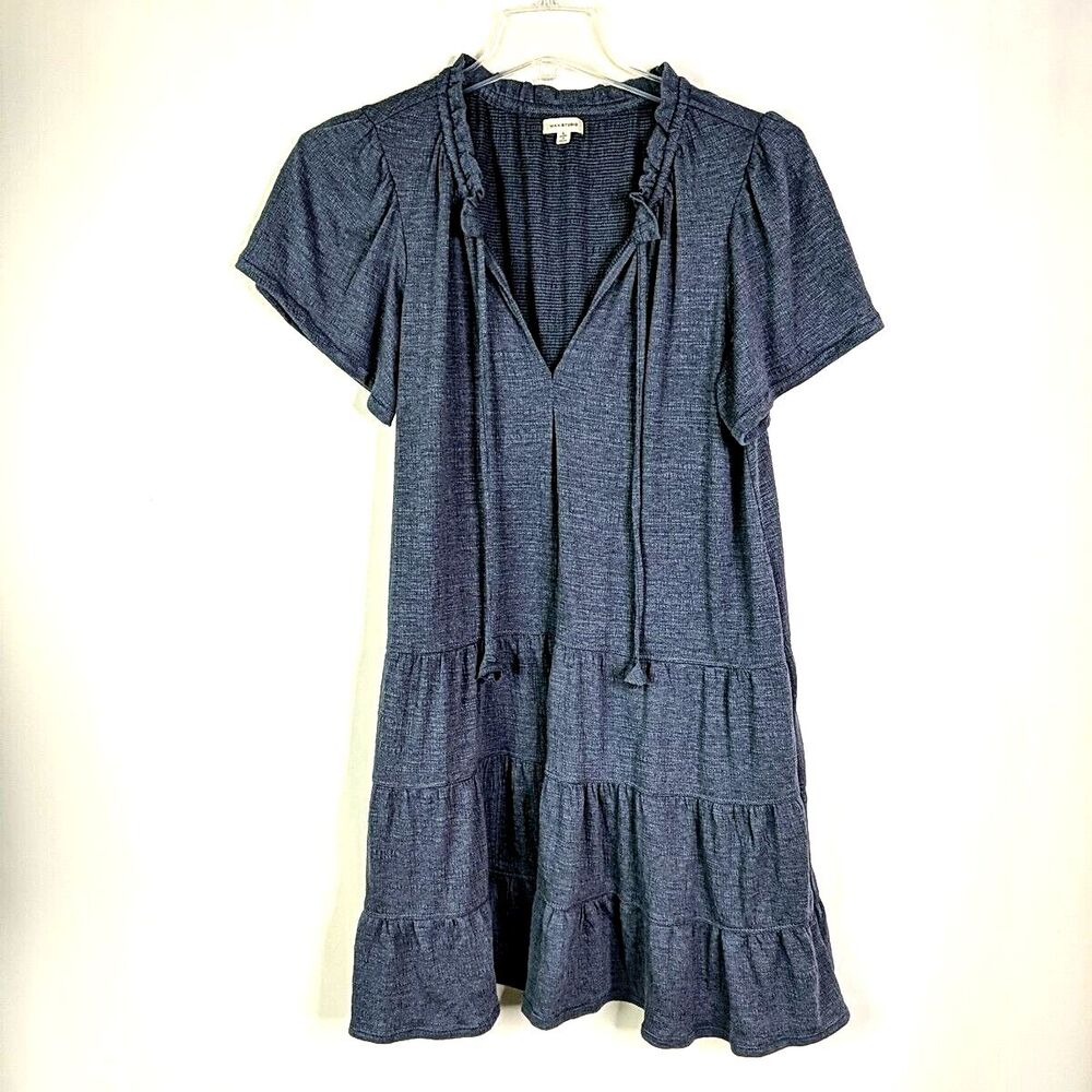 Max Studio Blue Stretch Knit Tiered Dress Size Large 12 14 Short Sleeve Casual
